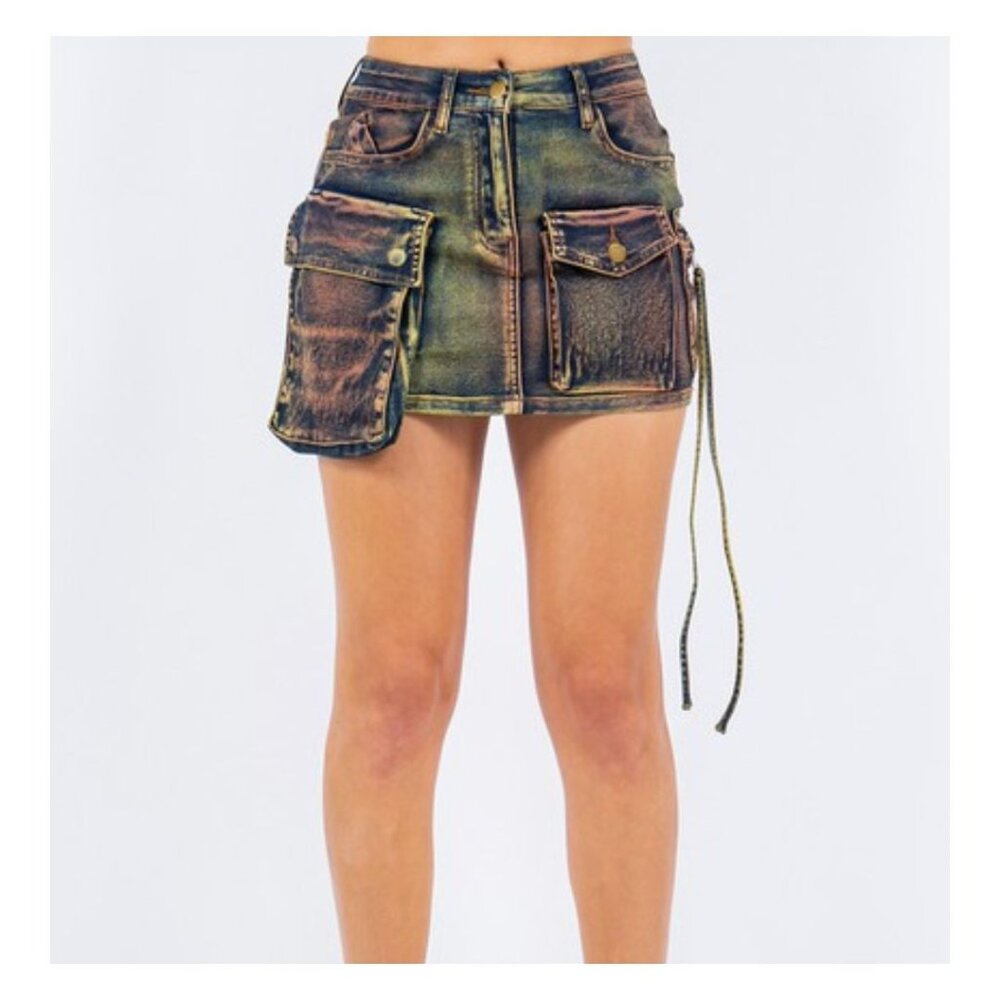 AMERICAN BAZI Denim Mini Skirt Cargo Pockets Over-dyed Distressed Blue Size L